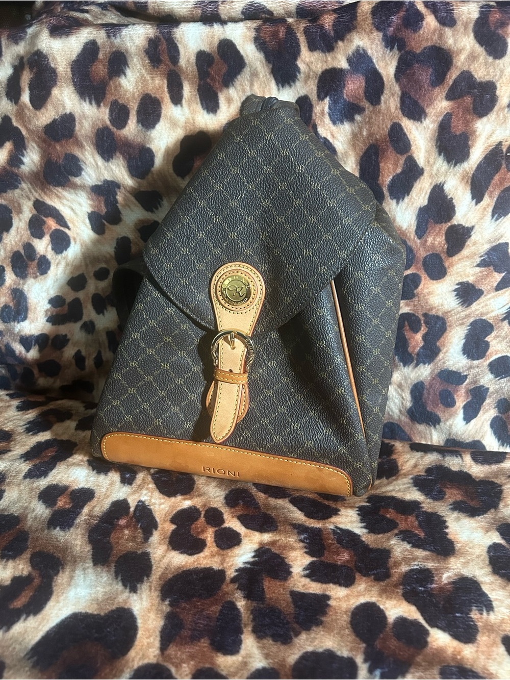 Rioni Dark Brown Monogram Backpack with Tan Leather Trim